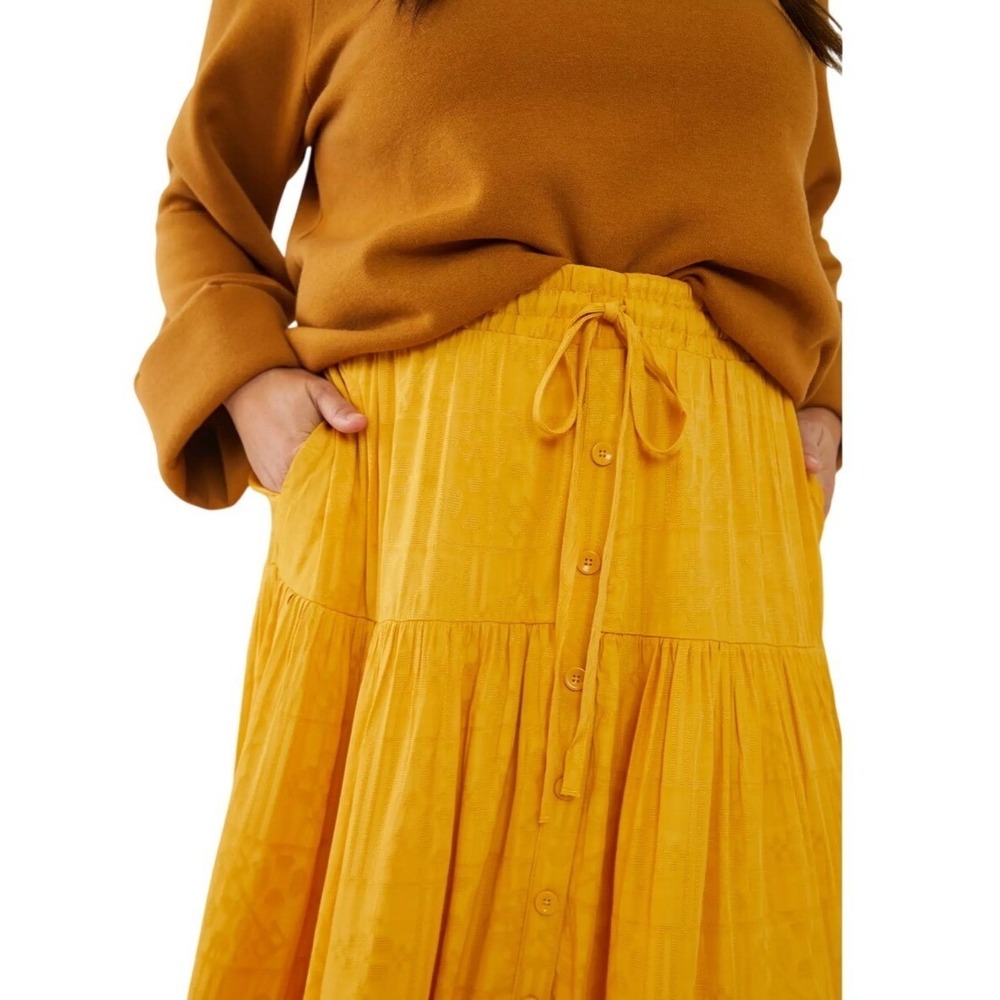 Maeve Carnation Textured Maxi Skirt Button Front Drawstring Pockets Boho Size S